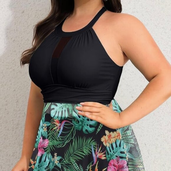 Nleyook Plus Size 22 Swimsuit (no shorts) Black/palm) High Neck. - Picture 4 of 10